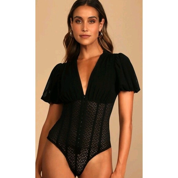 Lulu's Tops - Lulus-Women's Mesh Puff Sleeve Bodysuit-Black/size Length: 21"​ Pit to pit 16
